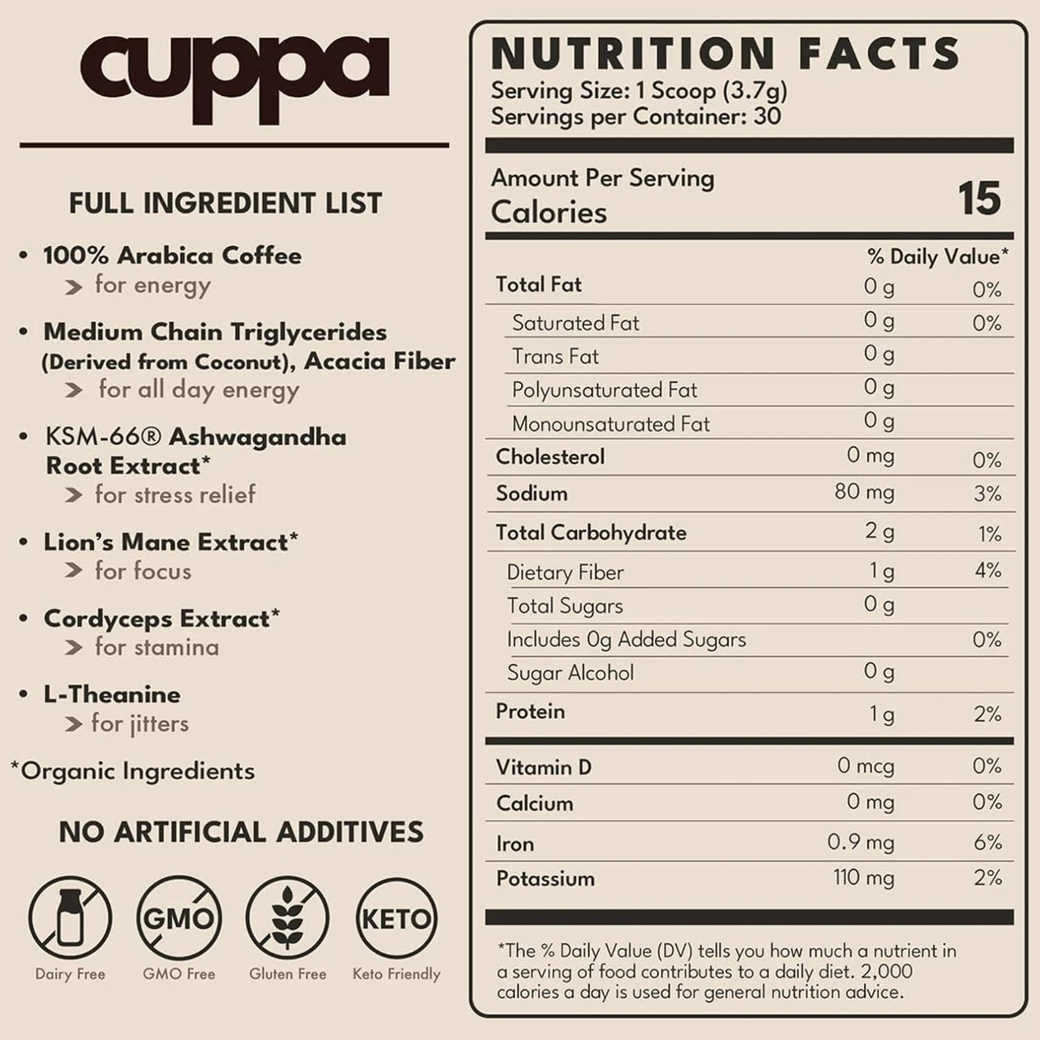 Cuppa Mushroom Coffee Medium Roast | Lion’s Mane Ashwagandha MCT 30 Servings