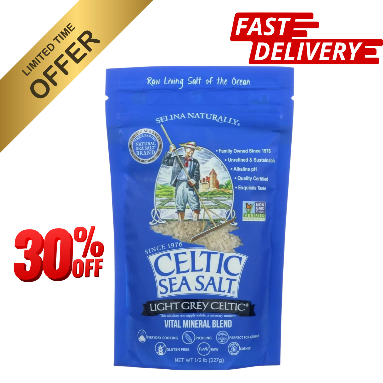 Light Grey Celtic Sea Salt 1/2Lb(8oz)Pound Resealable Bag Additive-Free USA NEW