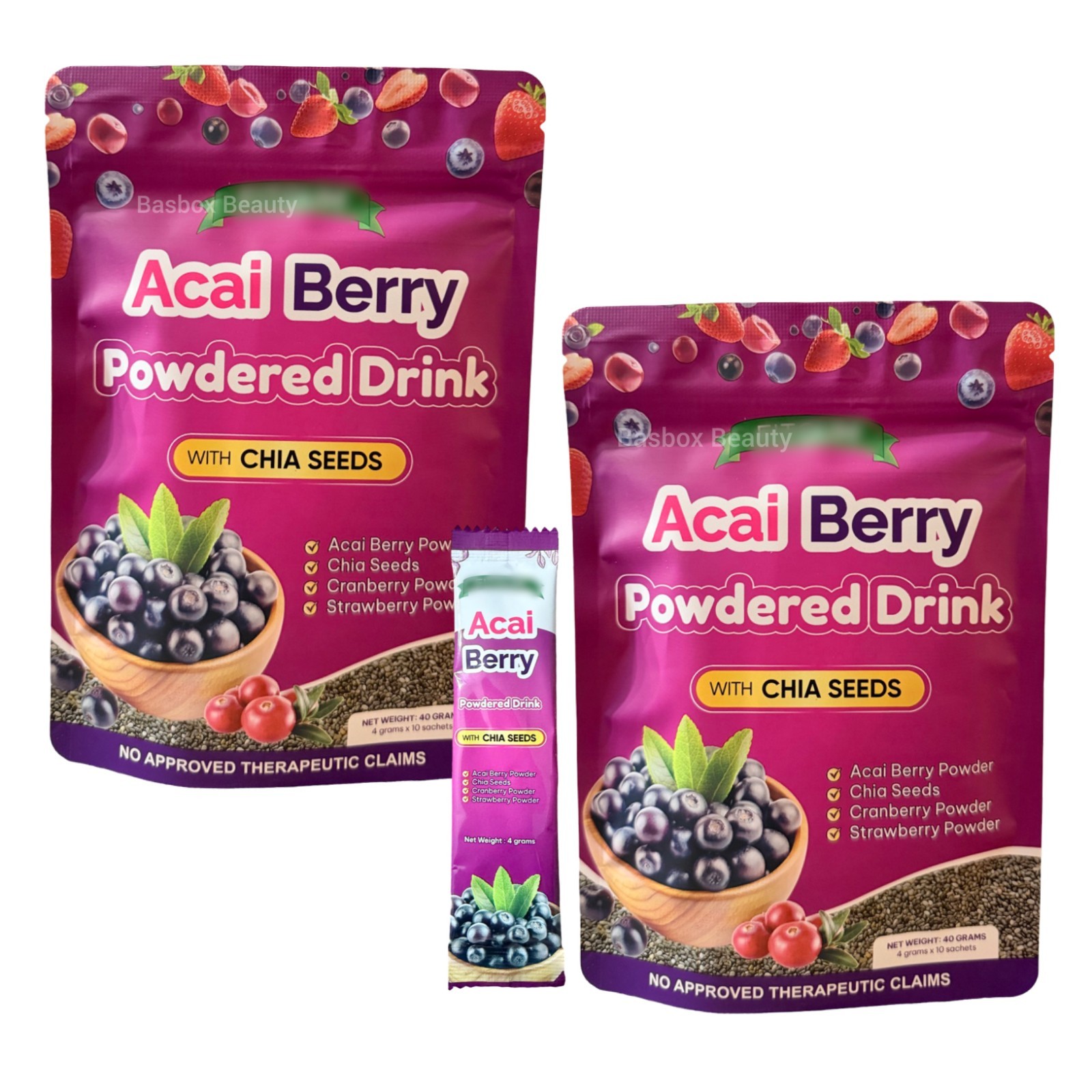 2 Fitgum Acai Berry Powdered Drink w/ Chia Seeds | Acai, Strawberry & Cranberry