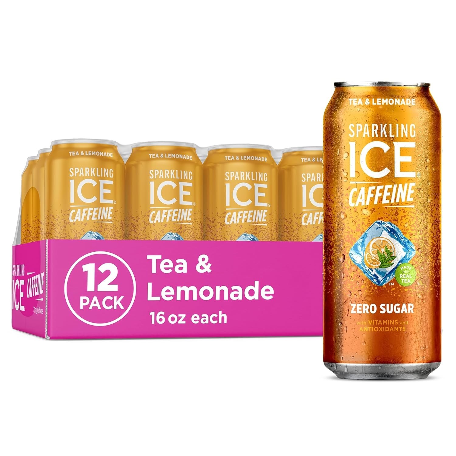 Sparkling Ice Caffeine Tea + Lemonade – Sparkling, Zero Sugar, 16oz (24 Cans)