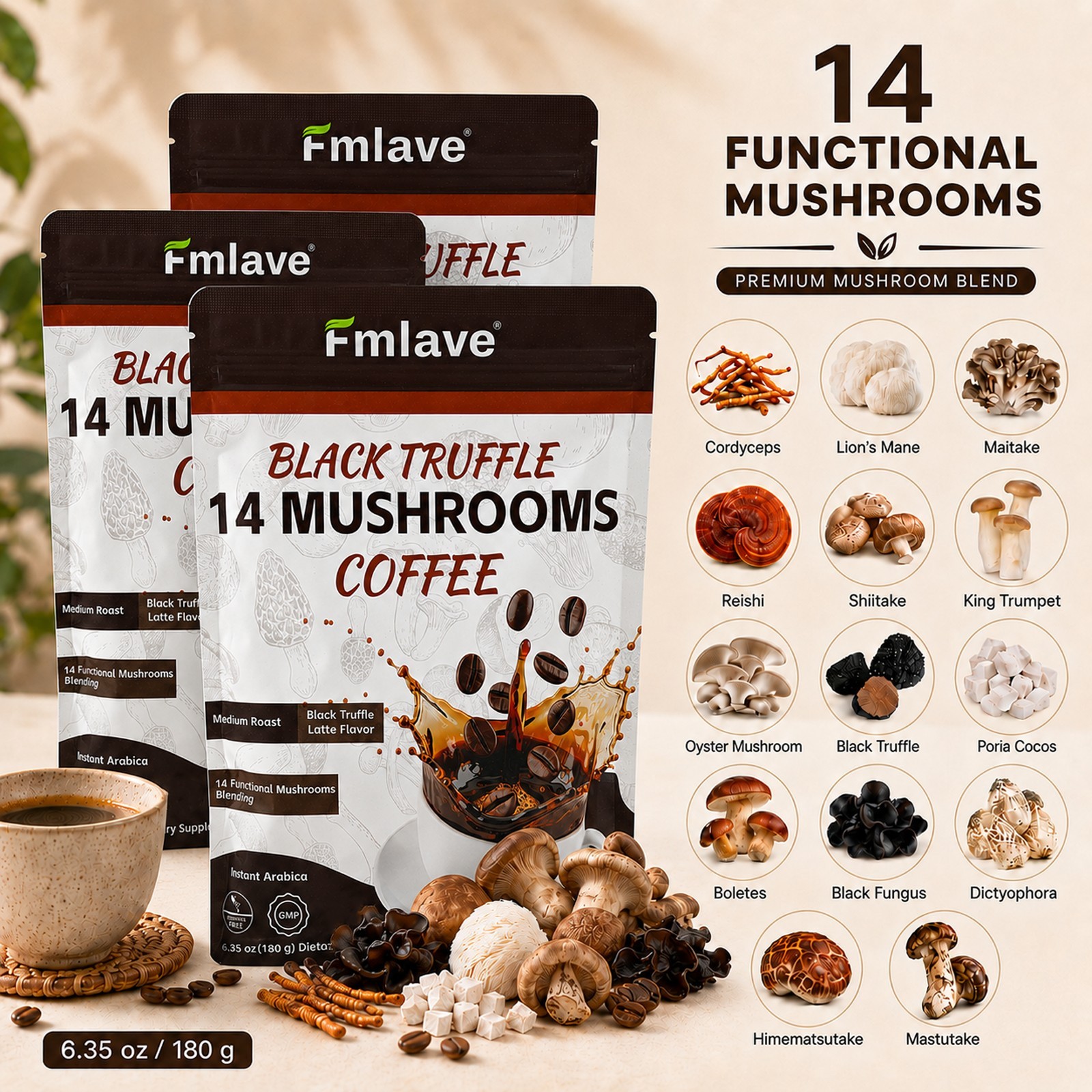 14-in-1 Organic Mushroom Coffee – Coffee for Better Energy – 54 Servings 3 Pack