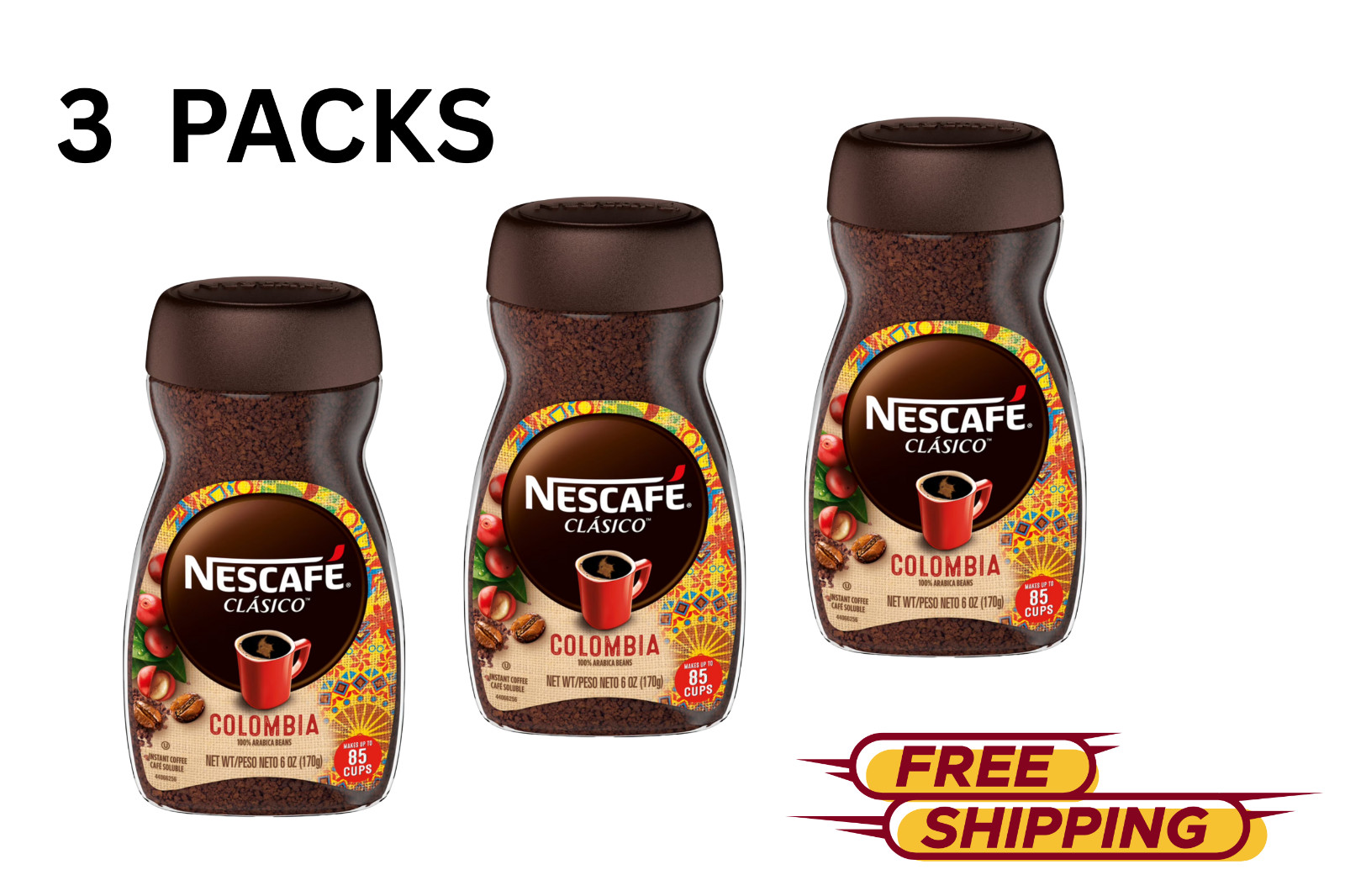 Nescafe Clasico Colombia Medium Roast Instant Coffee, 6 oz -3 jars