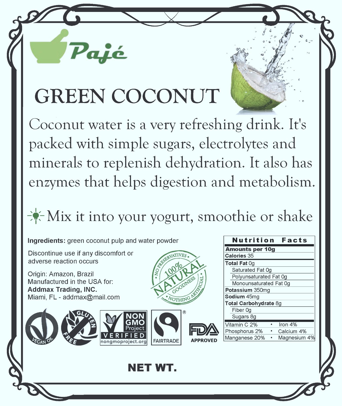 Coconut water powder 4oz 8oz 16oz 1lb 32oz 2lb 5lb 10lb electrolyte +flavor PAJE