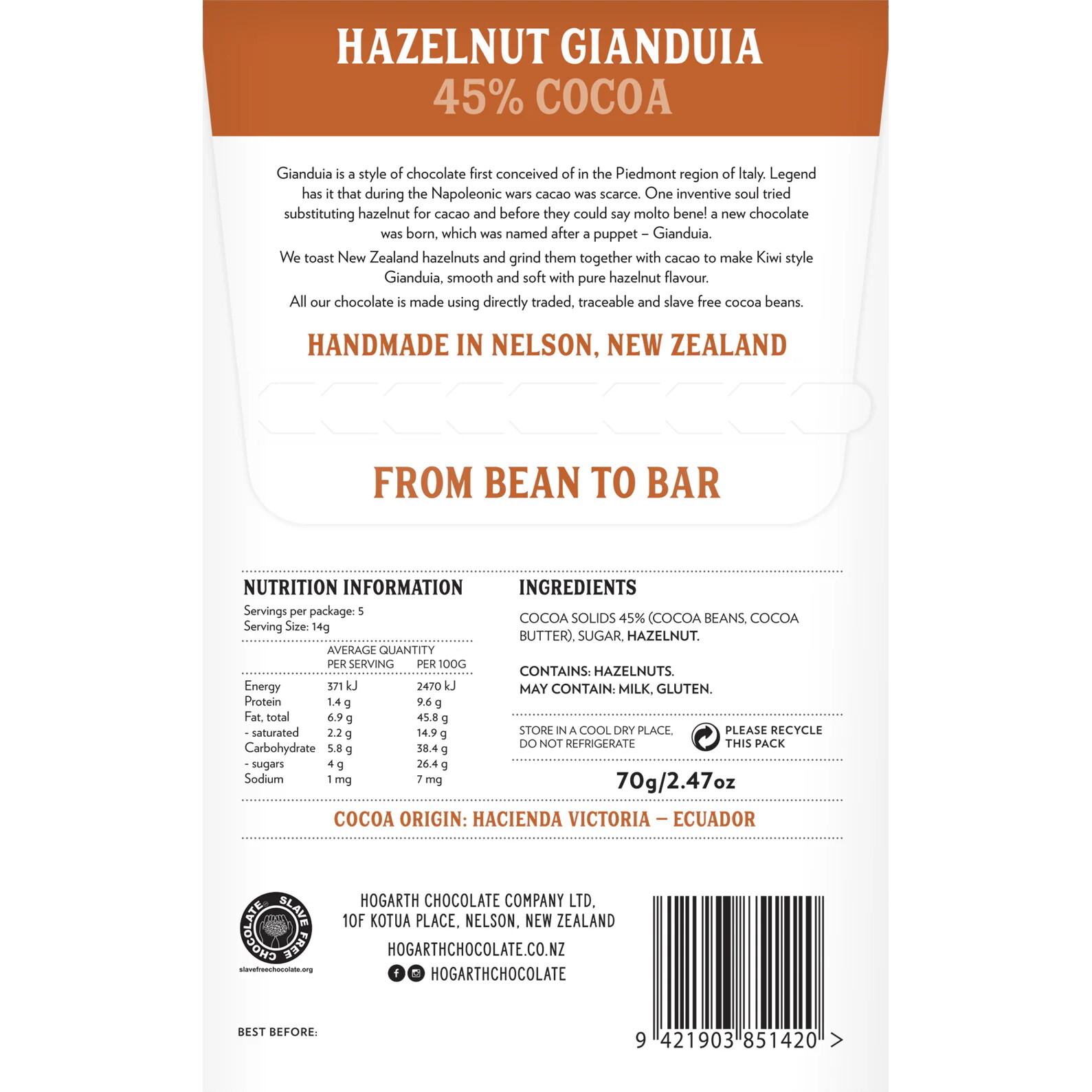 Hogarth Guayaquil Ecuador Hazelnut Gianduja 45% Gianduja Chocolate Bar