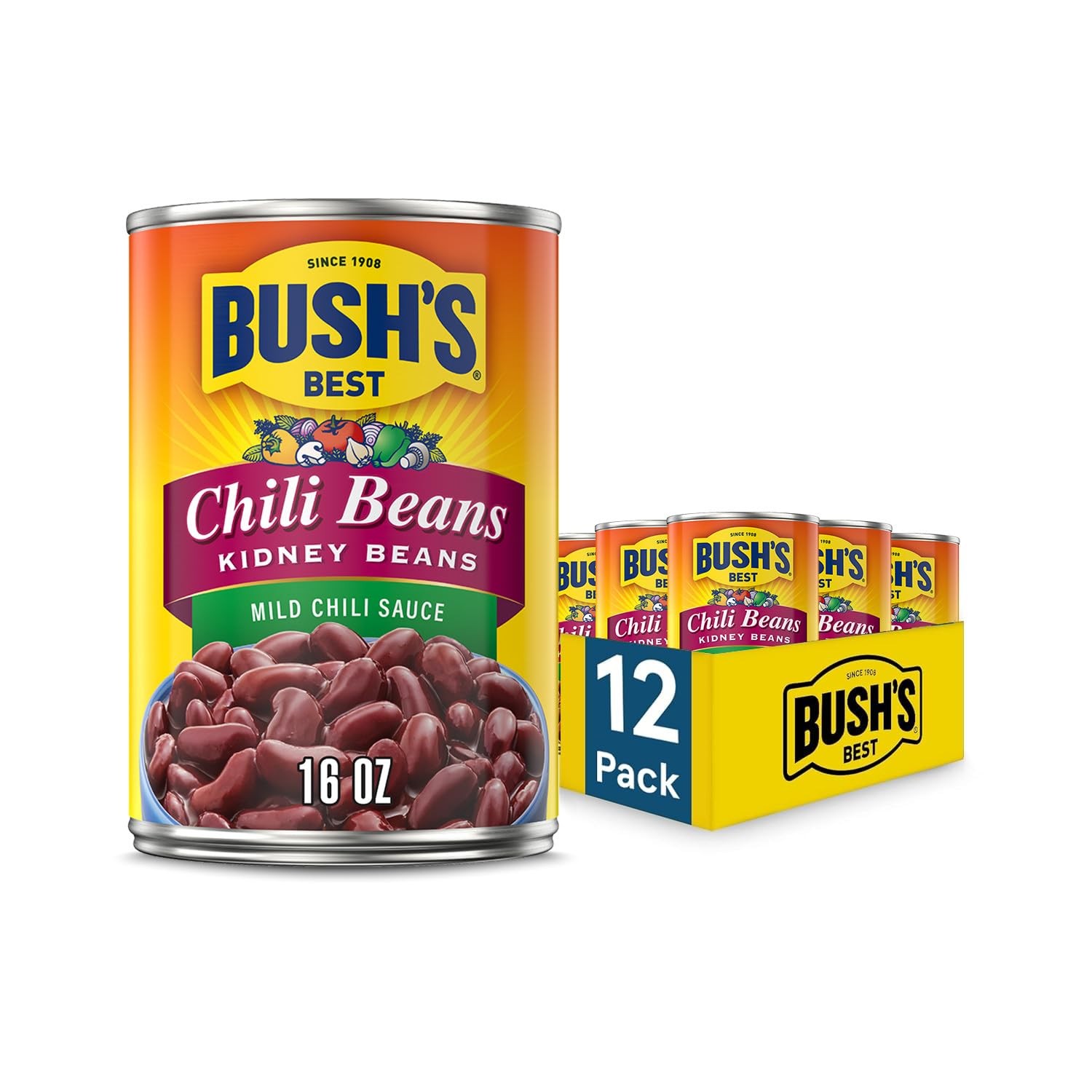 BUSH’S BEST 16 oz Canned Kidney Chili Bean/Mild, Low Fat, Gluten Free, 12pack