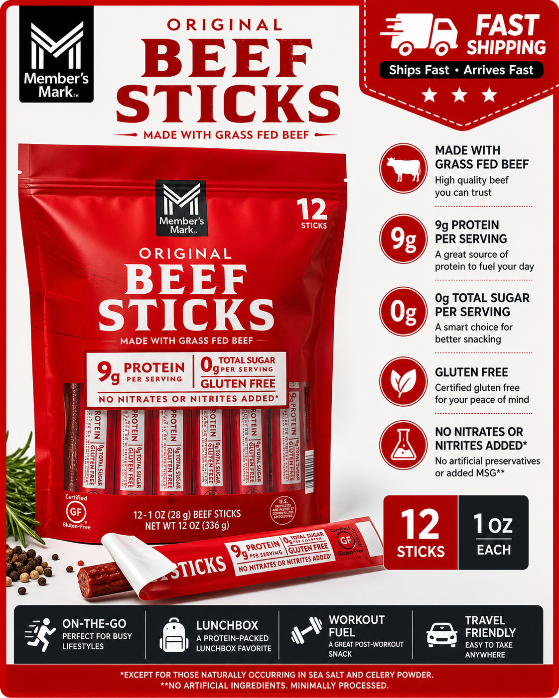 Member’s Mark Original Grassfed Beef Snack Sticks, 1 Ounce (Pack of 12)