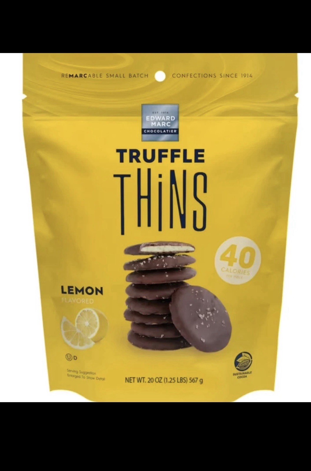 Edward Marc Lemon Truffle Thins Dark Chocolate & Lemon Filled Crisps 20 oz Bag