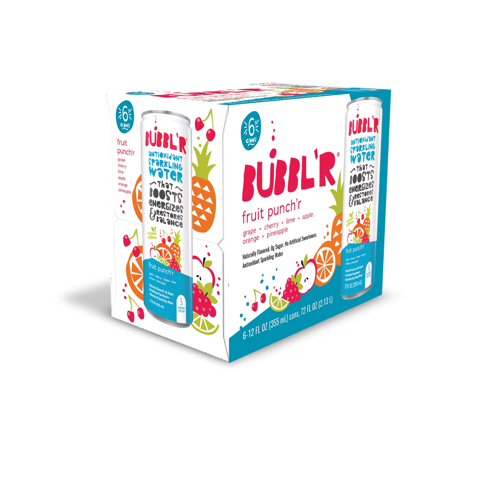 BUBBL’R Antioxidant Sparkling Water, Fruit Punch’r, 12 fl oz, 6 Pack Cans