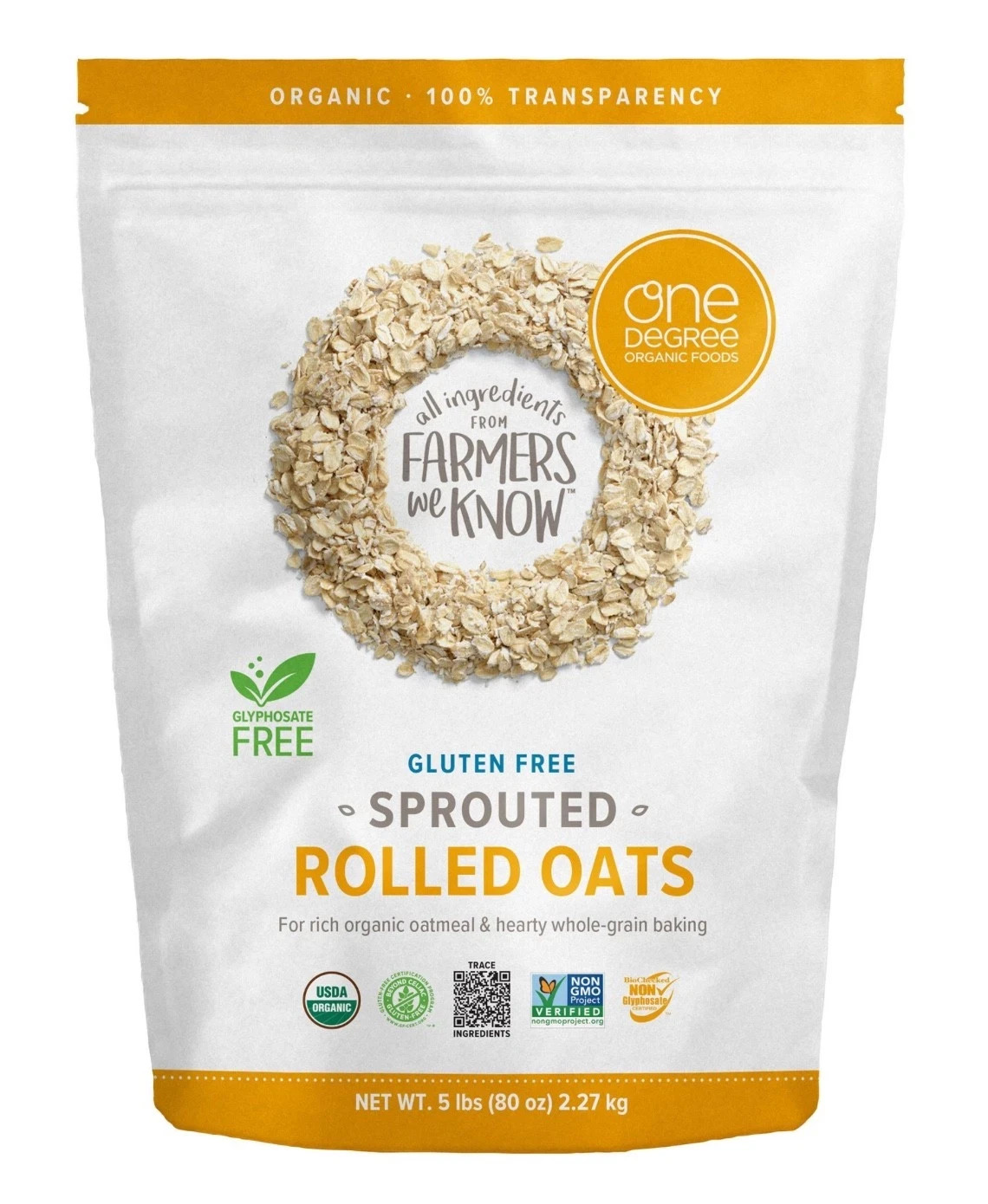 One Degree Organic Gluten Free Sprouted Rolled Oats 5 Lbs (80 Oz) EXP 04/2027