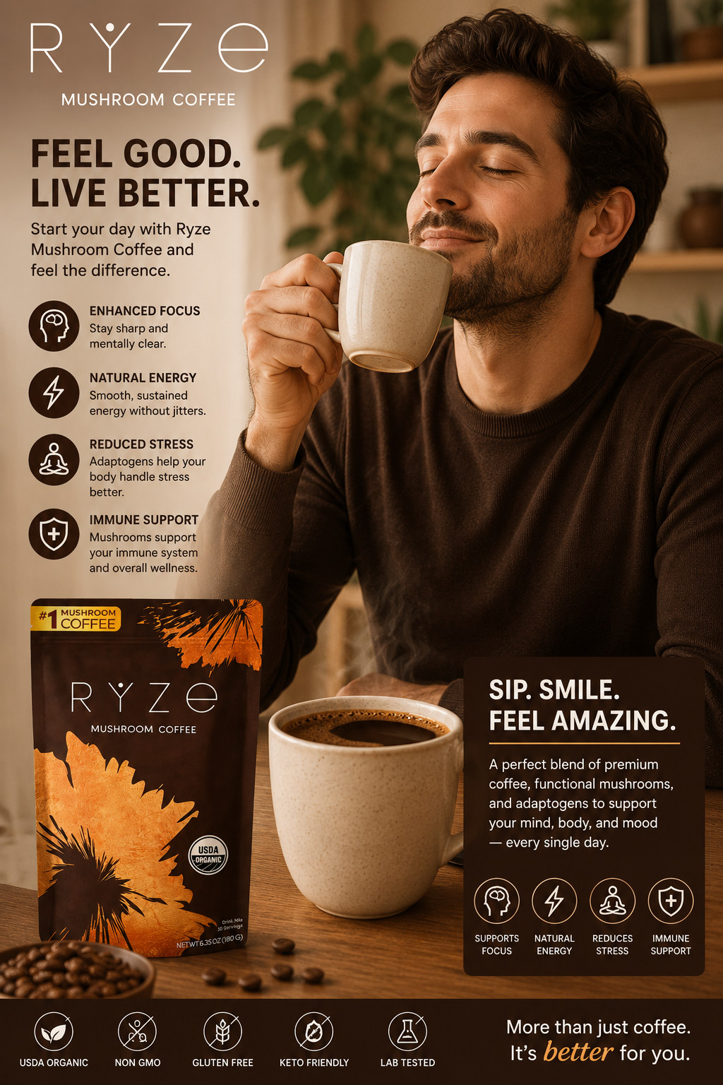 Ryze Mushroom Coffee Bright and Smooth 30 Servings Gut Health Energy Focus Blend