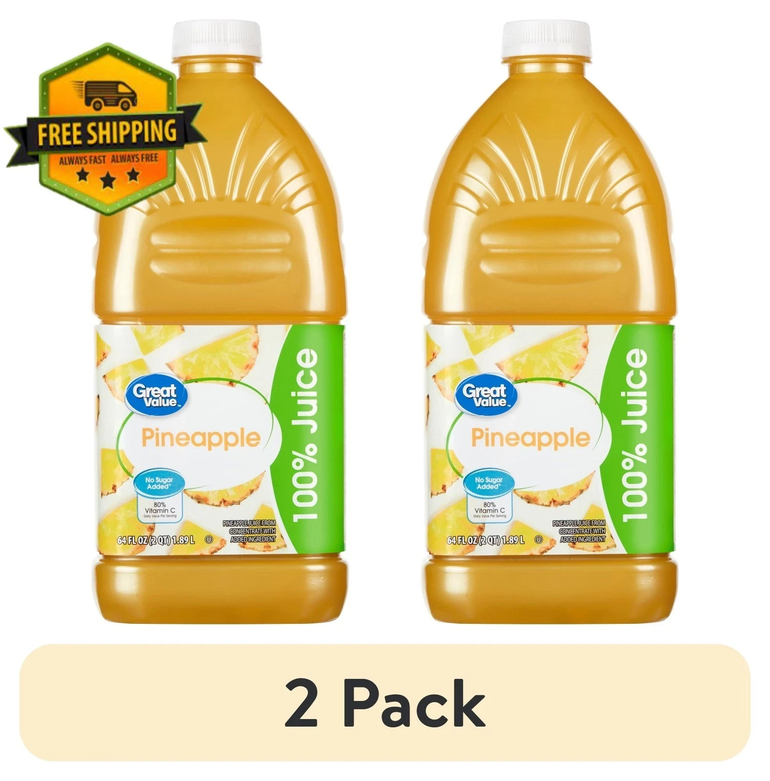 Great Value 100% Pineapple Juice – 64 fl oz Bottles (2-Pack)