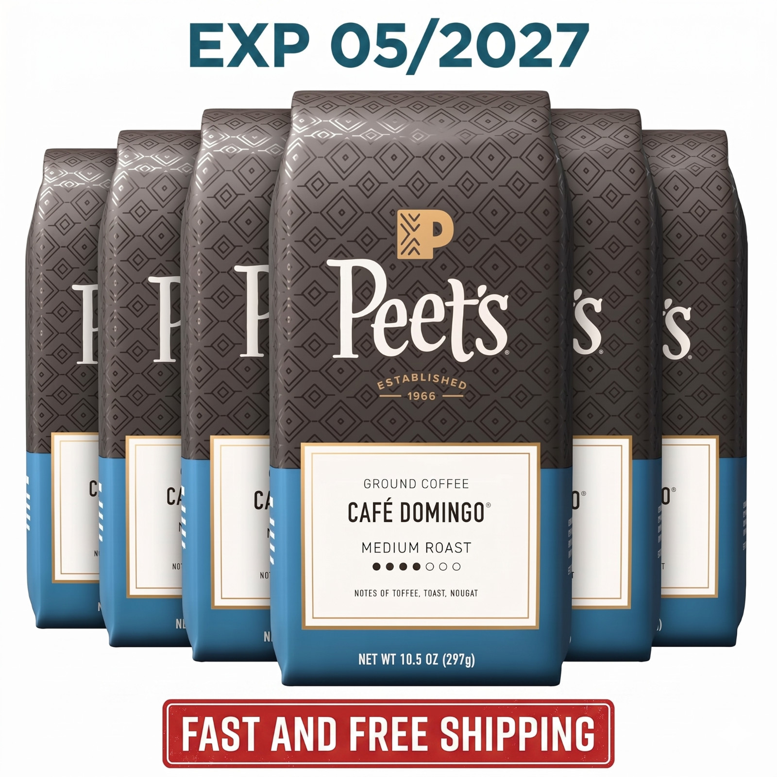 Peet’s Coffee Cafe Domingo Medium Roast Ground 63oz (6x 10.5oz Bags) EXP 5/2027