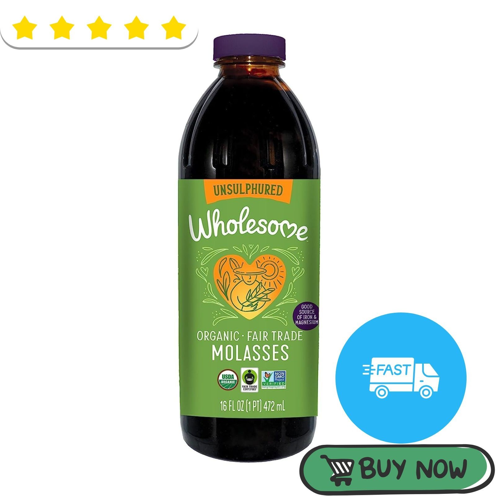 Organic Blackstrap Molasses 16oz Natural Unsulfured Sweetener Baking 1 Pack