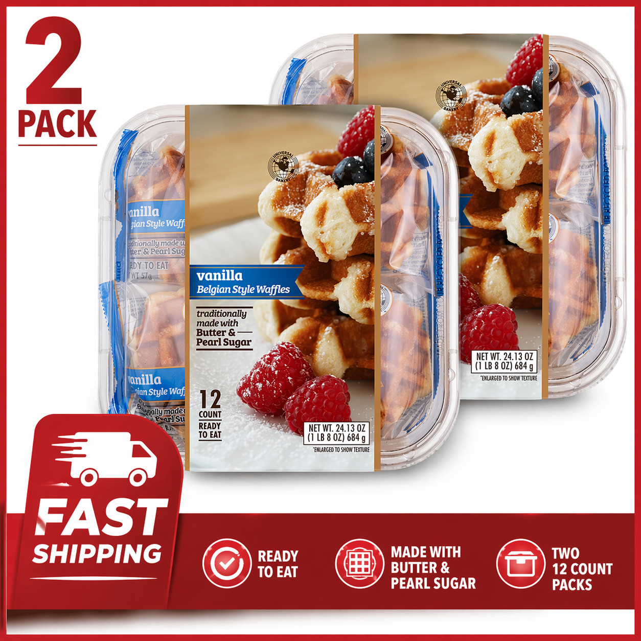 2 PACK Universal Bakery Belgian Style Waffles, Vanilla, 2 oz, 12 ct Ready to eat