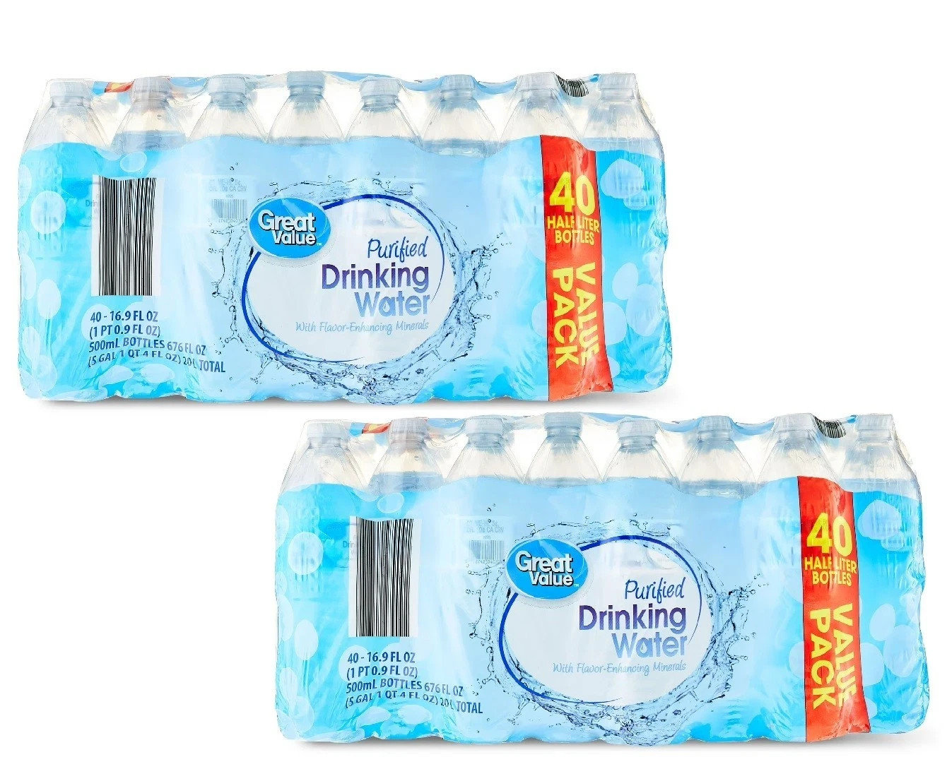 NEW (2 pack) 16.9 Fl. Oz., Great Value Purified Drinking Water, 40 Count