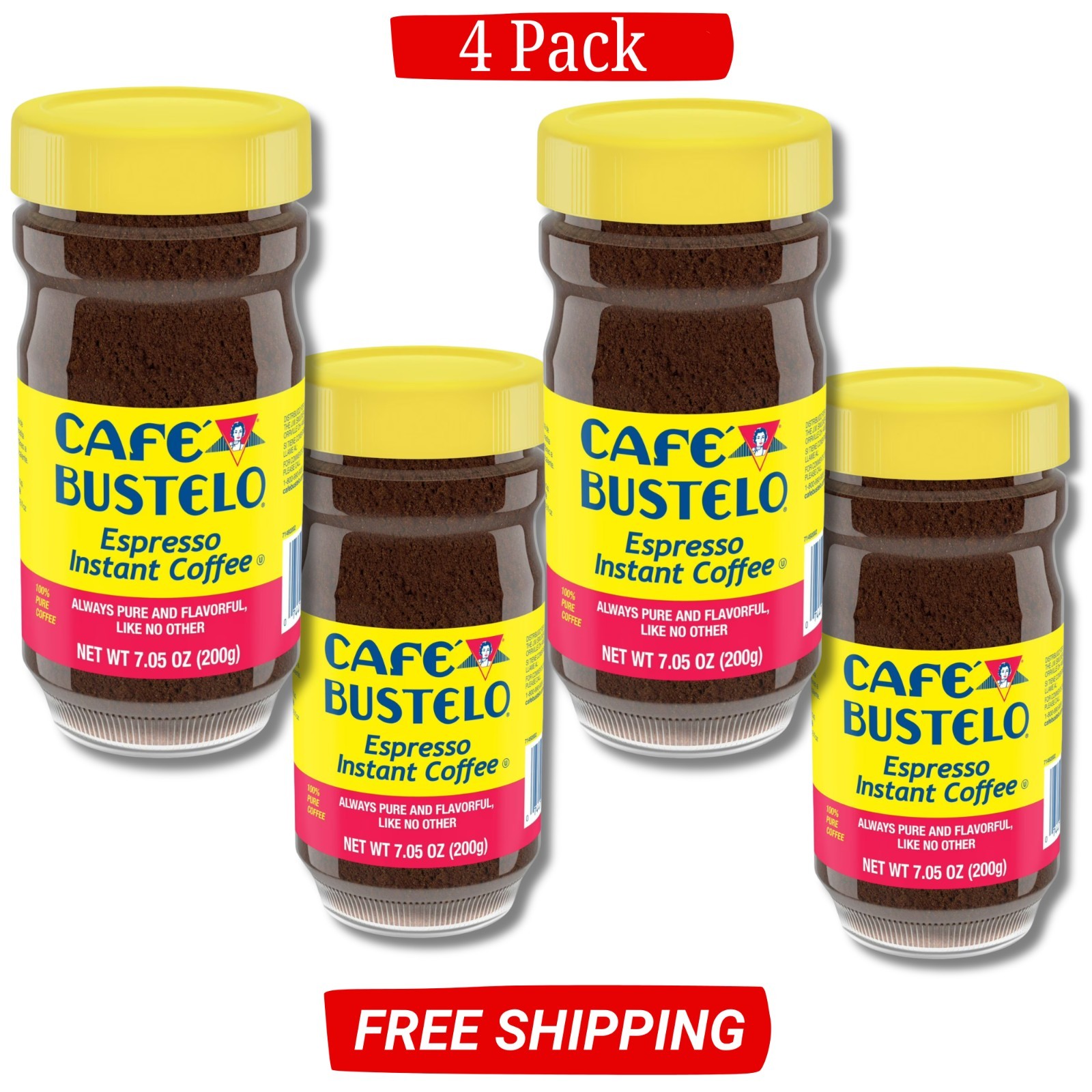 Cafe Bustelo, Espresso Style, Dark Roast Instant Coffee 7.05 oz Jar (PACK OF 04)