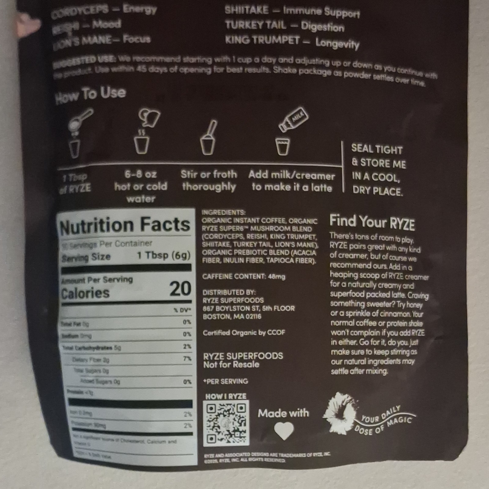RYZE Mushroom Coffee Bright & Smooth Drink Mix USDA Organic Vegan 30 Serv 180g