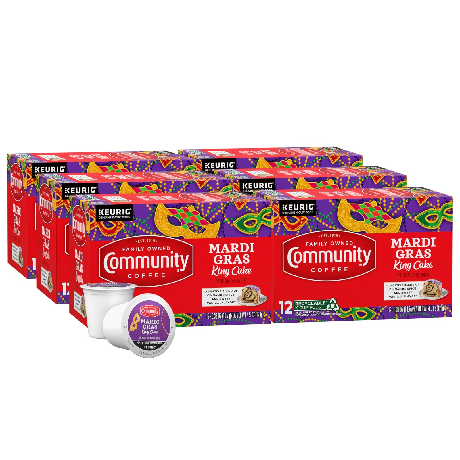 Community Coffee Mardi Gras King Cake Flavored 72 Count Coffee Pods, Medium R…