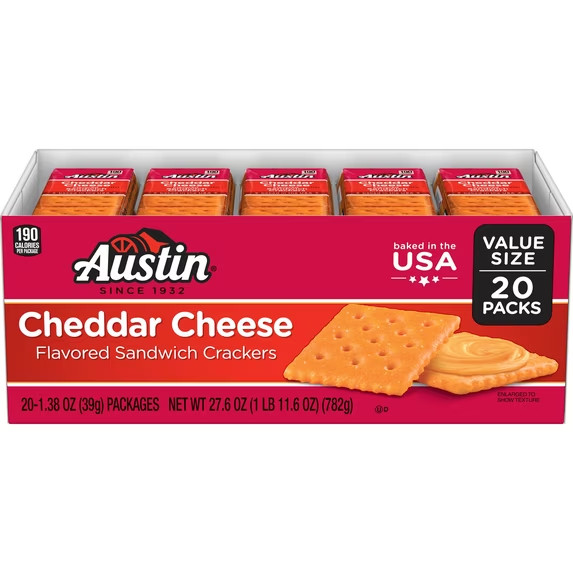 Austin Cheddar Cheese Flavored Sandwich Crackers, Lunch Snacks, 20 Count….