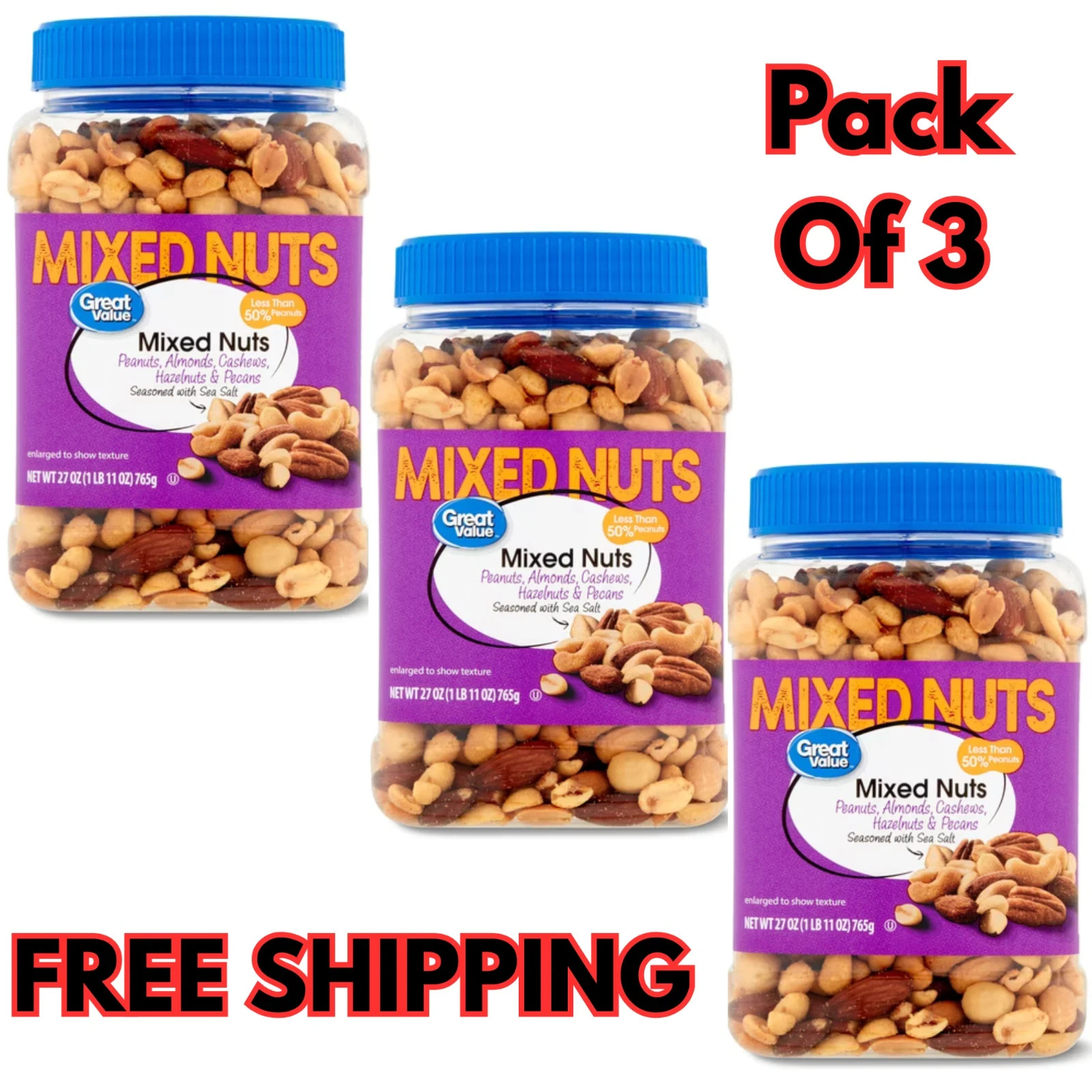 Great Value Mixed Nuts with Peanuts, 27 oz (3 Pack)