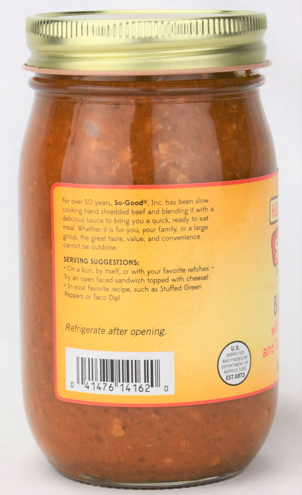 So-Good BBQ Beef Filling with Shredded Beef 16 oz Glass Jar – Heat and Serve
