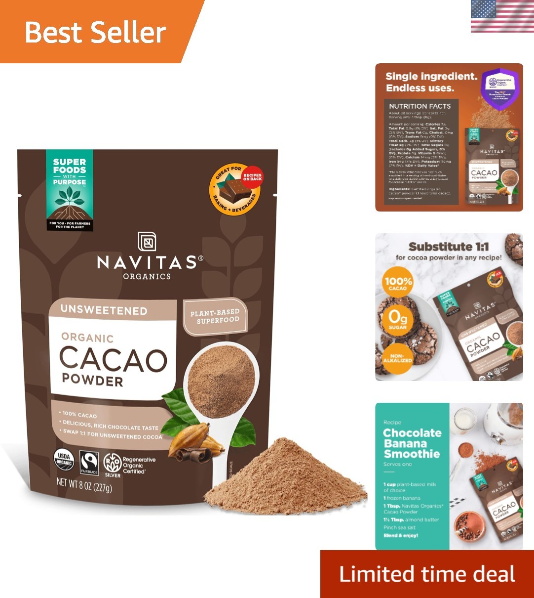 Navitas Organics Cacao Powder – Cocoa Powder Substitute 1:1, For Hot Chocolat…