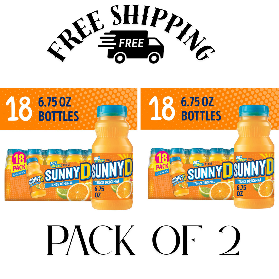 (PACK OF 2) SUNNYD Tangy Shelf Stable Orange Juice Drink, 18 Count, 6.75 fl oz
