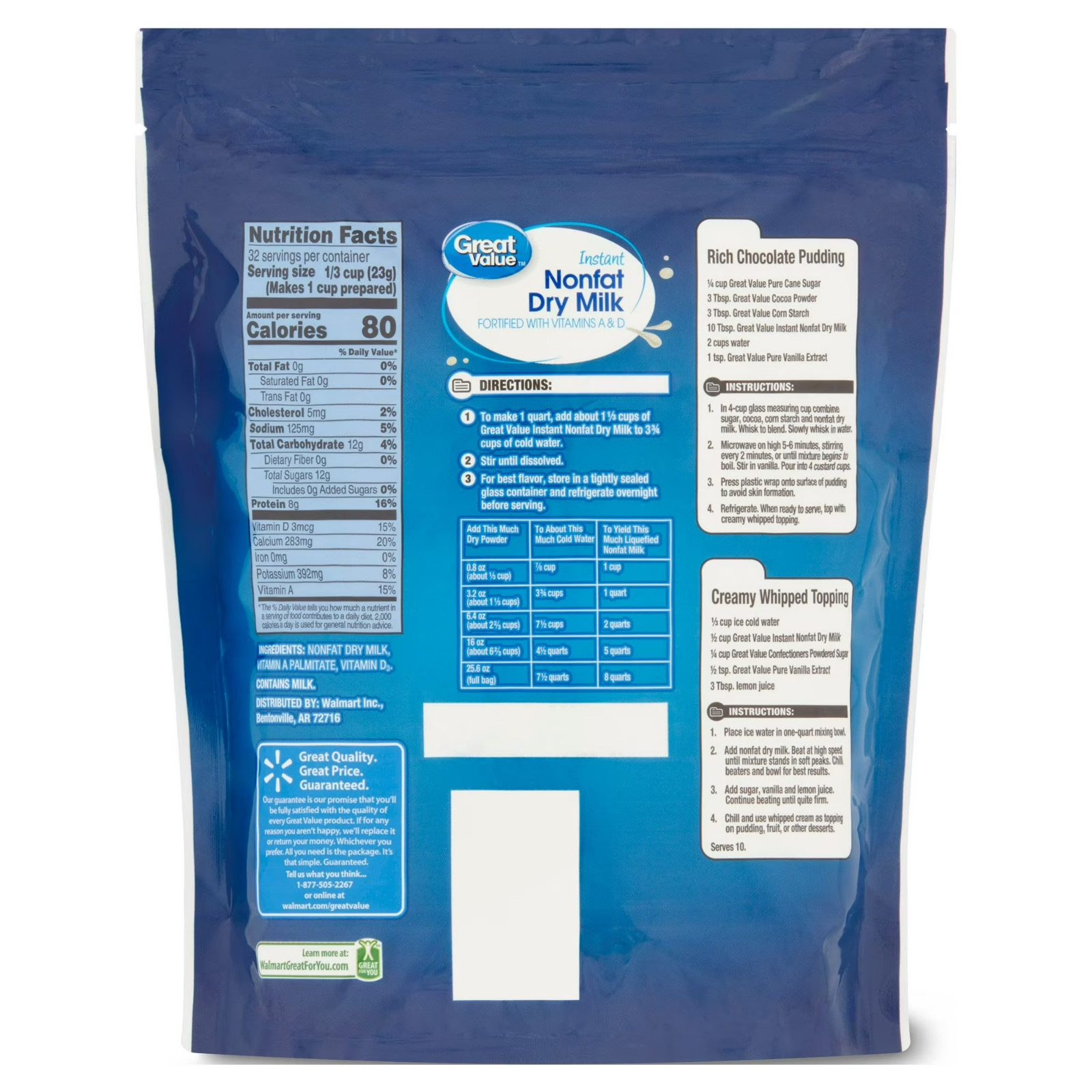 Great Value Instant Nonfat Dry Milk, 25.6 oz, Bag