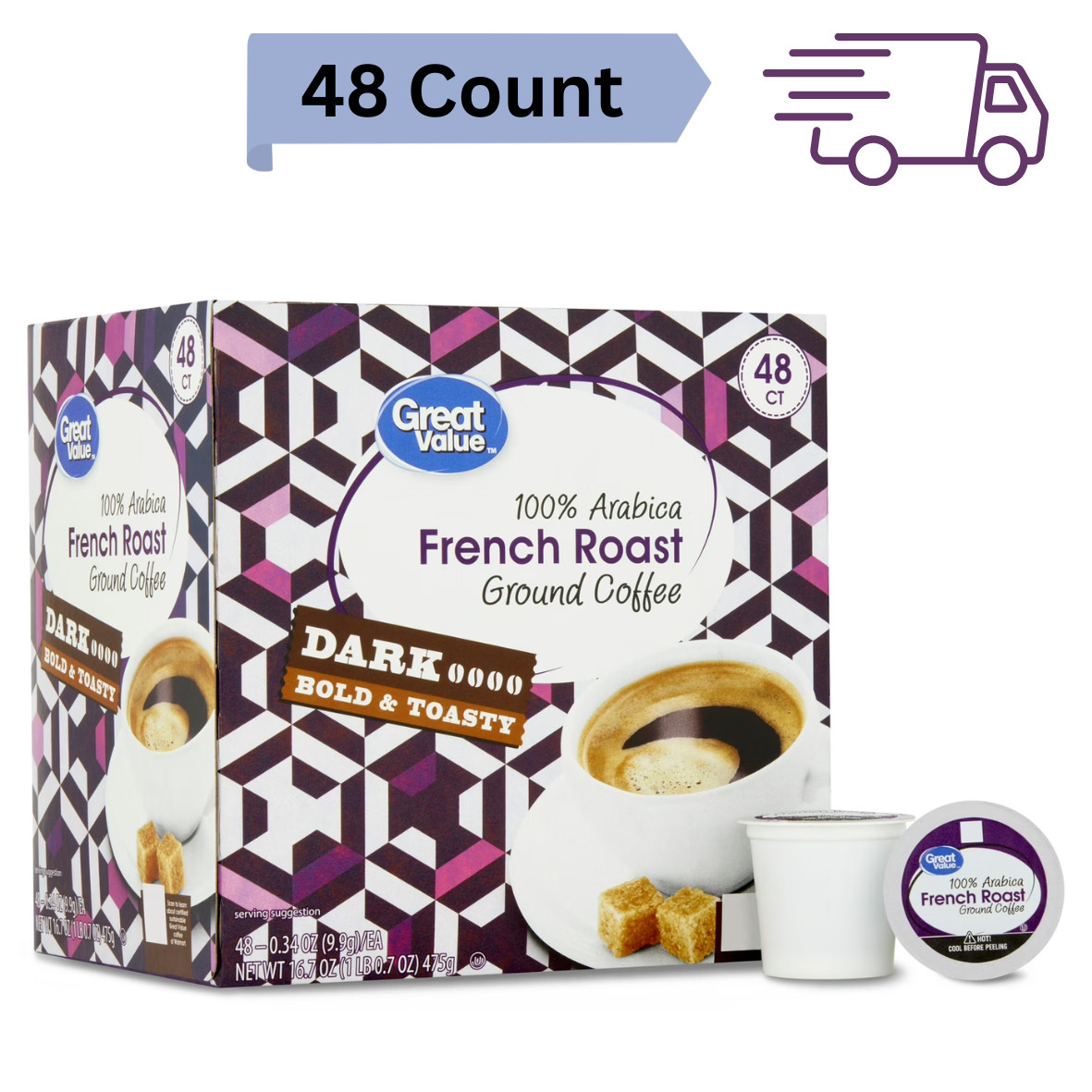 Great Value 100% Arabica French Dark Roast Ground Coffee Pods, 48 Ct