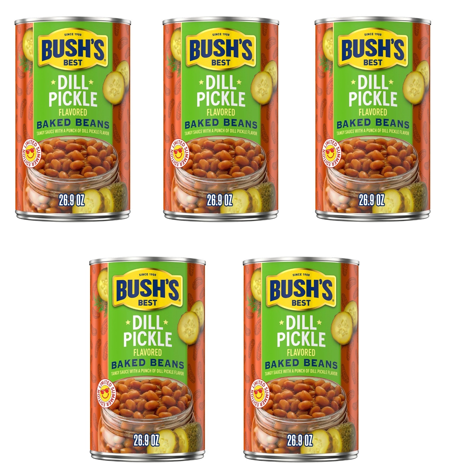 5 Pack Bush’s Dill Pickle Baked Beans Limited Summer Edition Size 26.9 Oz Cans