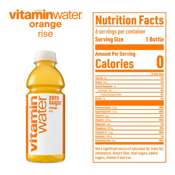 vitaminwater Rise Zero Sugar Orange Flavored Water Beverage, 16.9 fl oz, 6 Pack-