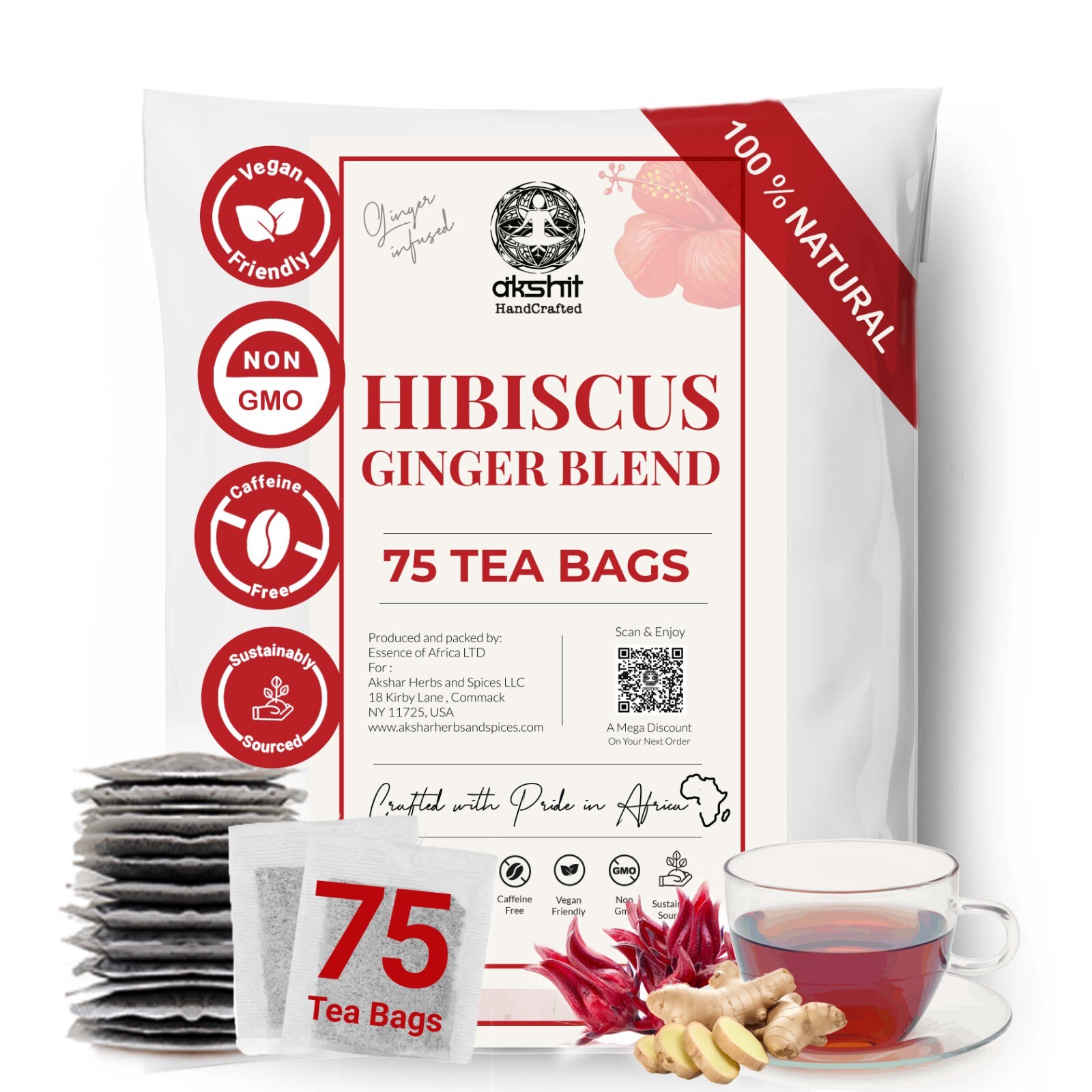 75 Hibiscus Tea Bags, Hibiscus Tea with Ginger, Herbal Tea, Perfect For Iced Tea
