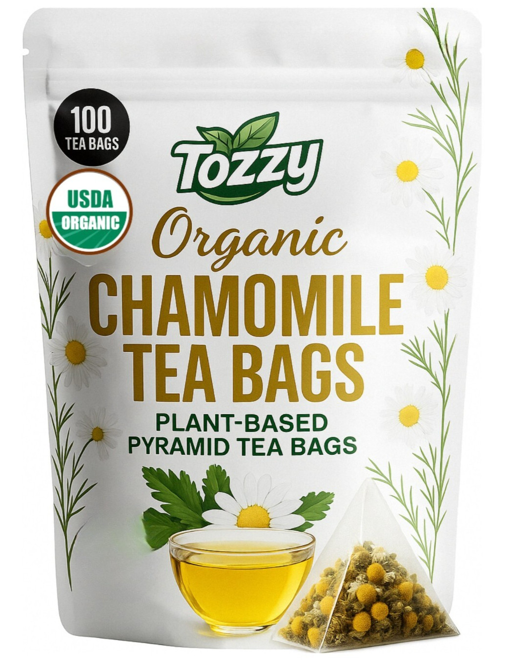 Organic Chamomile Tea Bags – 100 Count (Plant-Based Pyramid Tea Bags)