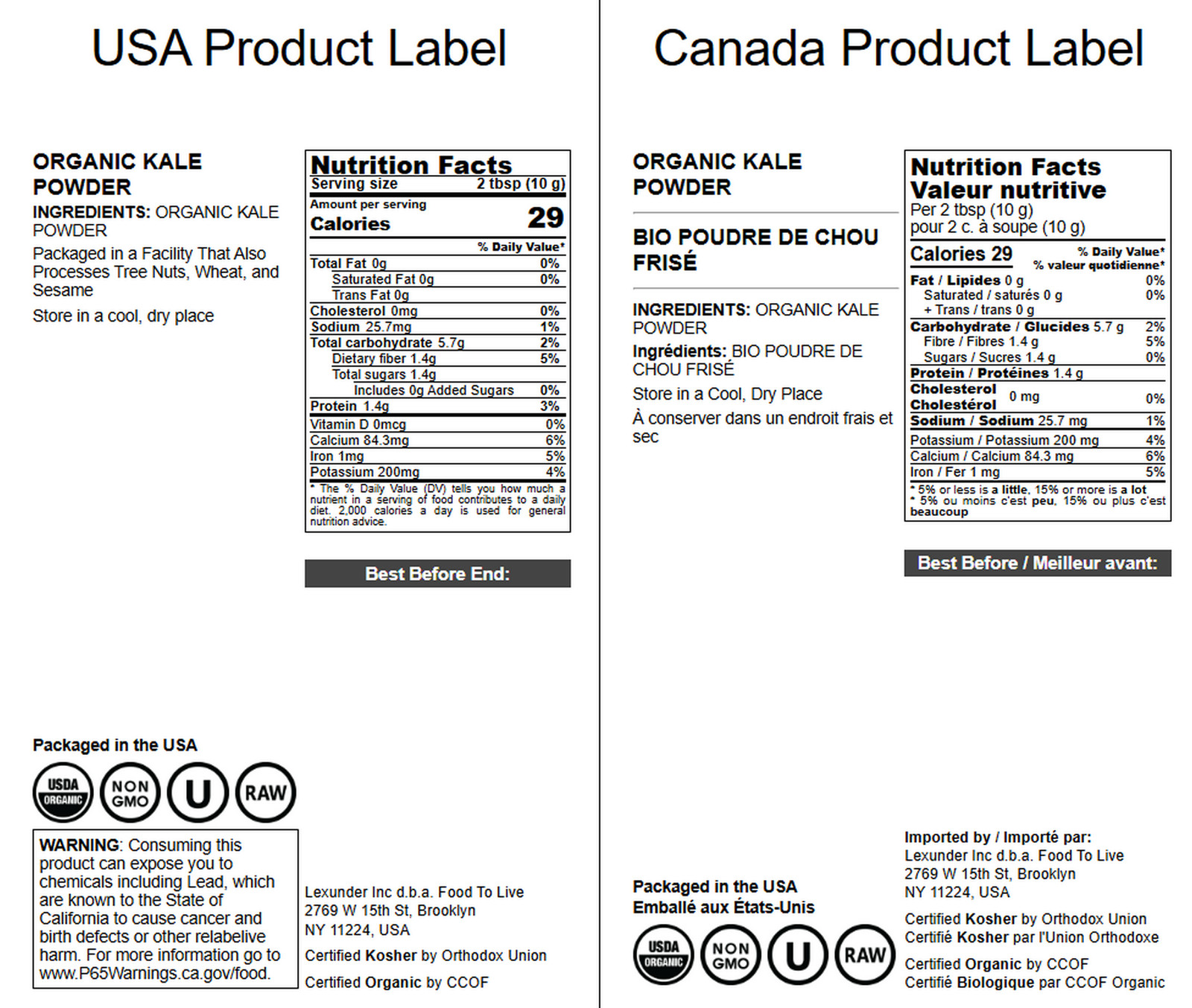 Organic Kale Powder — Non-GMO, Made from Raw Dried Whole Leaves, Vegan, Kosher