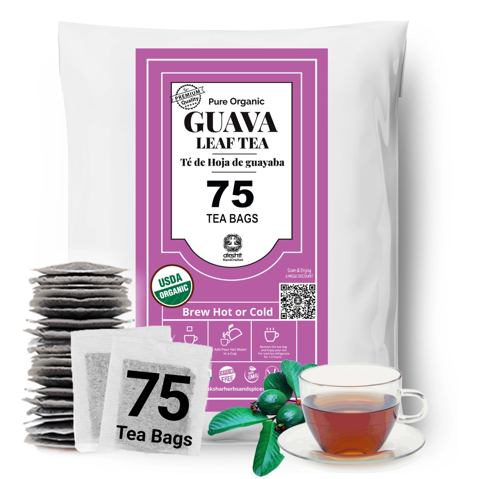 Guava Tea, 75 Bags, 100% Pure Guava Leaf Tea, Te Hojas De Guayaba, Caffeine Free