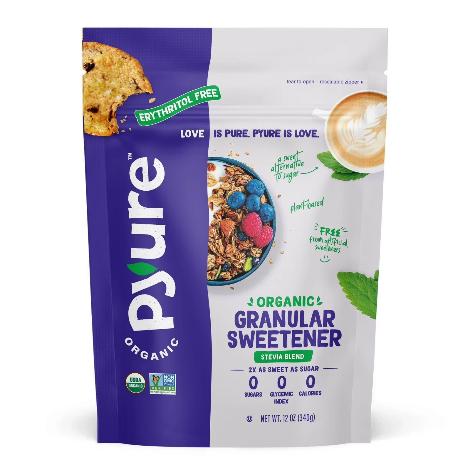 Pyure Organic Stevia Blend Granulated Sugar Substitute Zero Calories 12 Oz Bag
