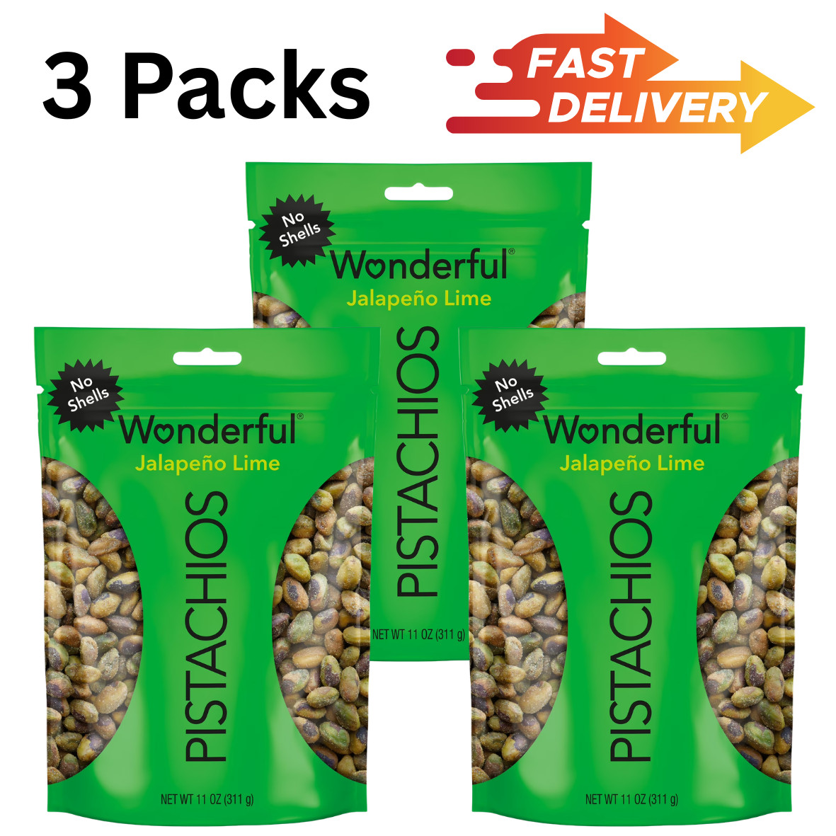 3 Pack – Wonderful Pistachios No Shells Jalapeno Lime Nuts, 11 Ounce Bag