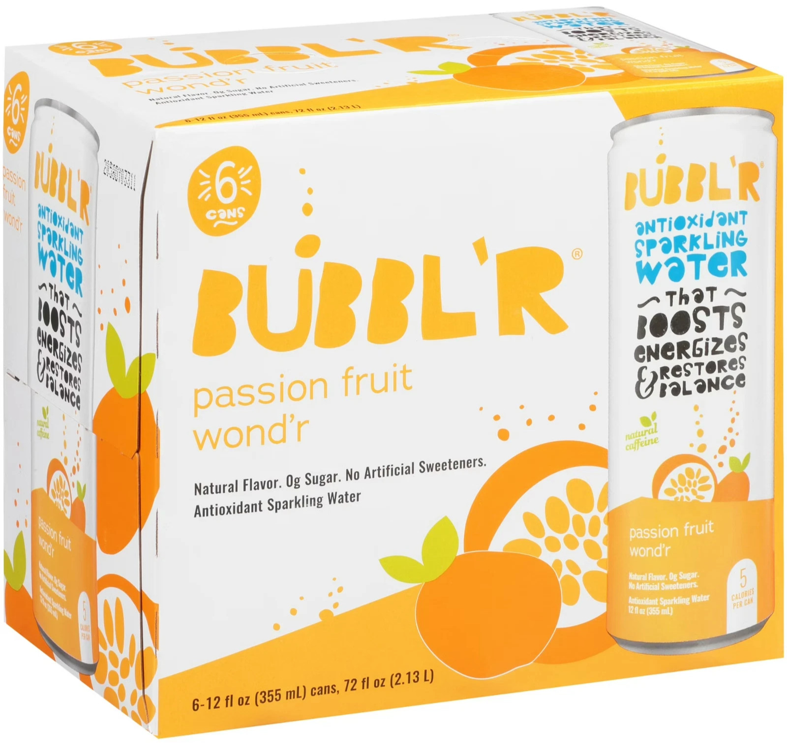 BUBBL’R Antioxidant Sparkling Water, Passion Fruit Wond’r, 12 fl oz, 6 Pack Cans