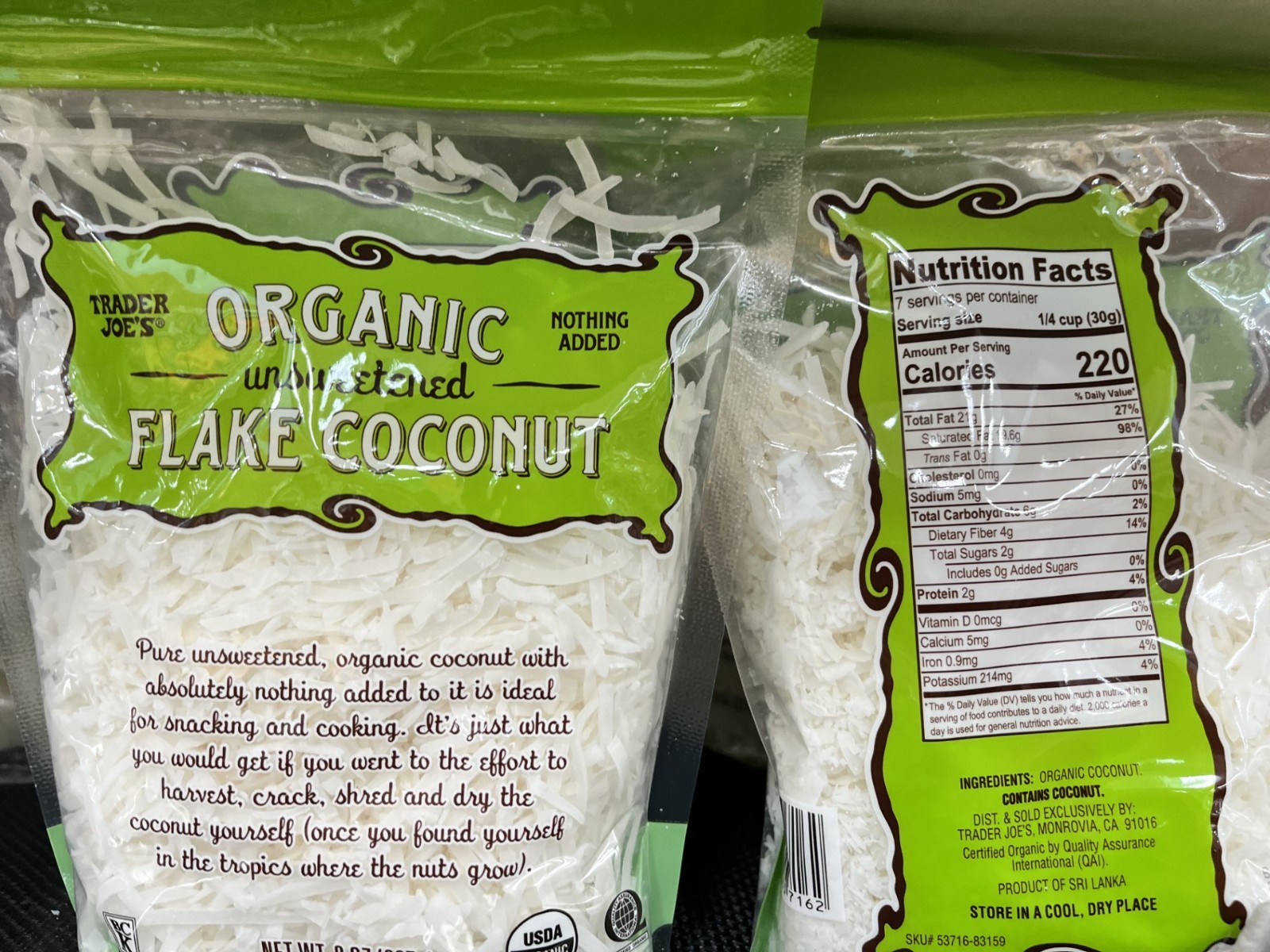 2 Packs Trader Joe’s Organic Pure Unsweetened Flake Coconut 8 oz Each Pack