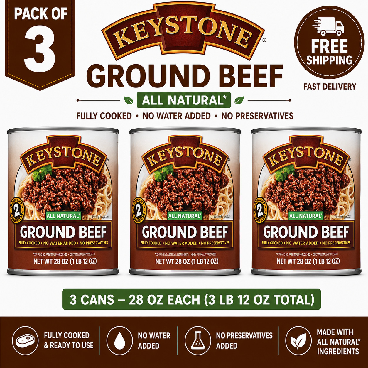Free Shipping Keystone All Natural Ground Beef, 28 oz Can 3 cans