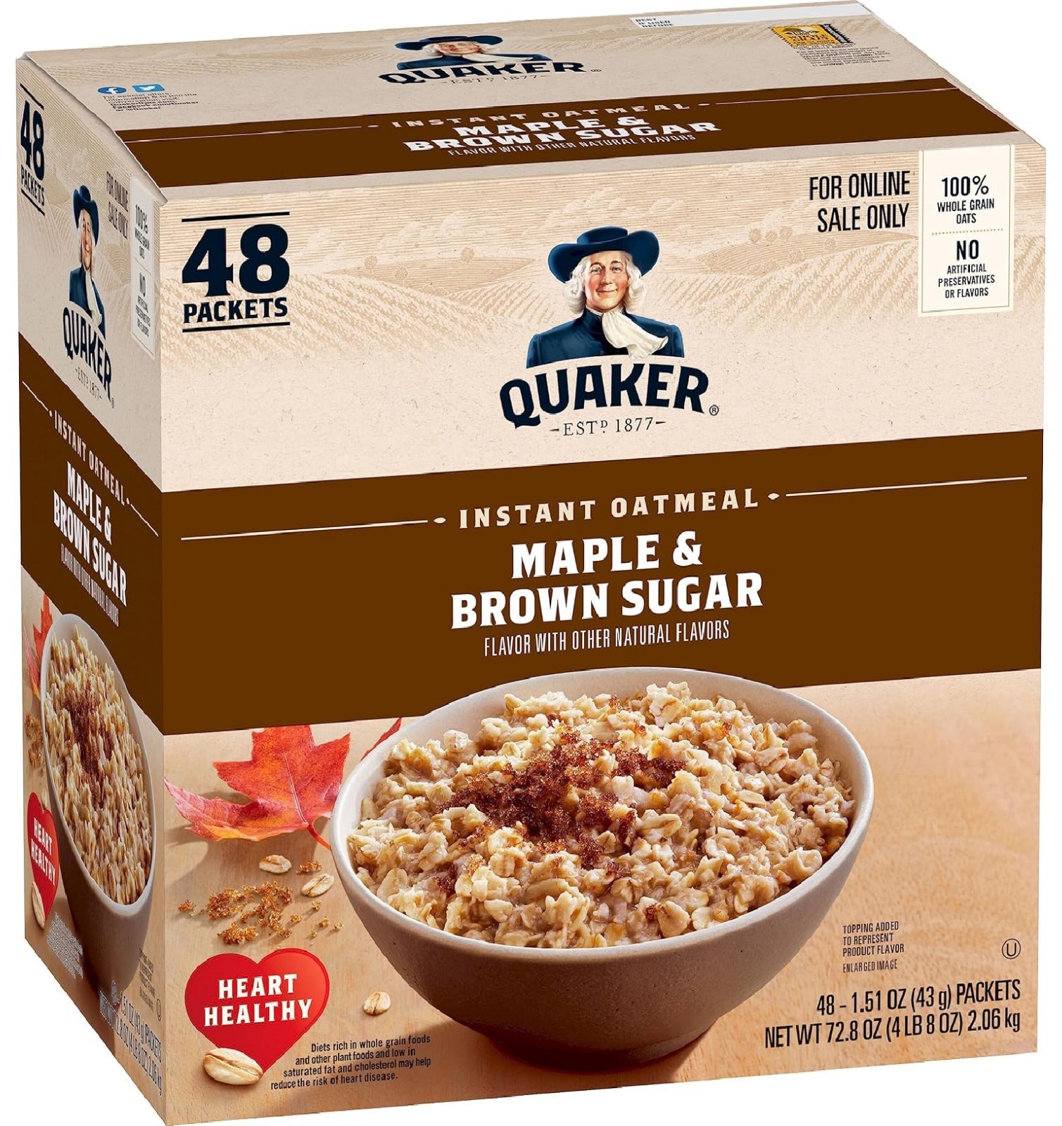 Quaker Instant Oatmeal, Maple & Brown Sugar, Individual Packets, 1.51 Ounce 48Pk