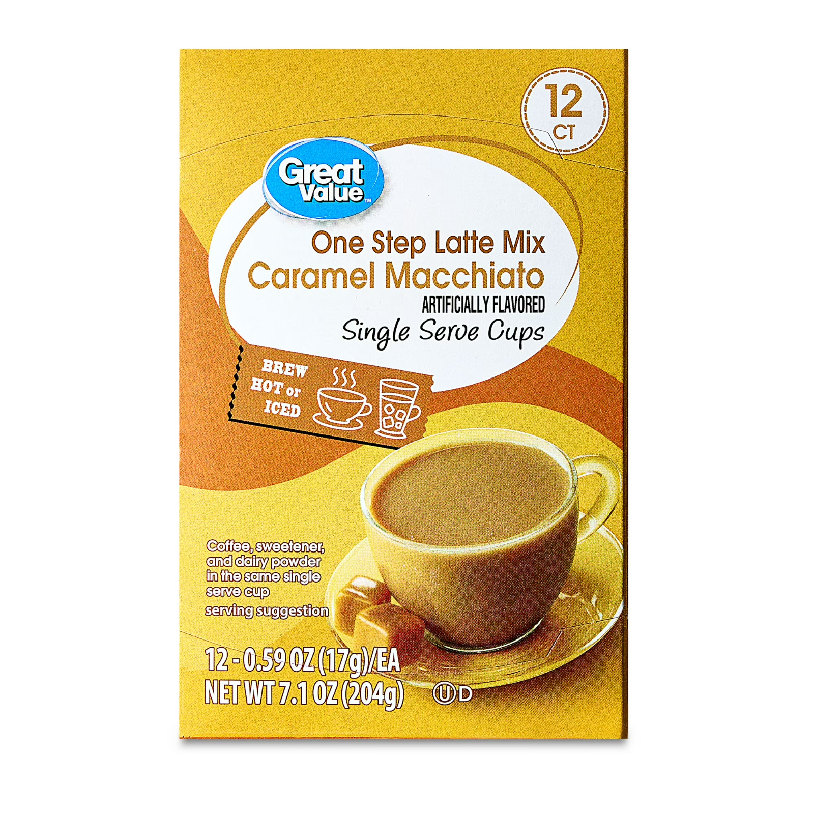 Great Value Caramel Macchiato One Step Latte Mix Coffee Pods, 12 Count..