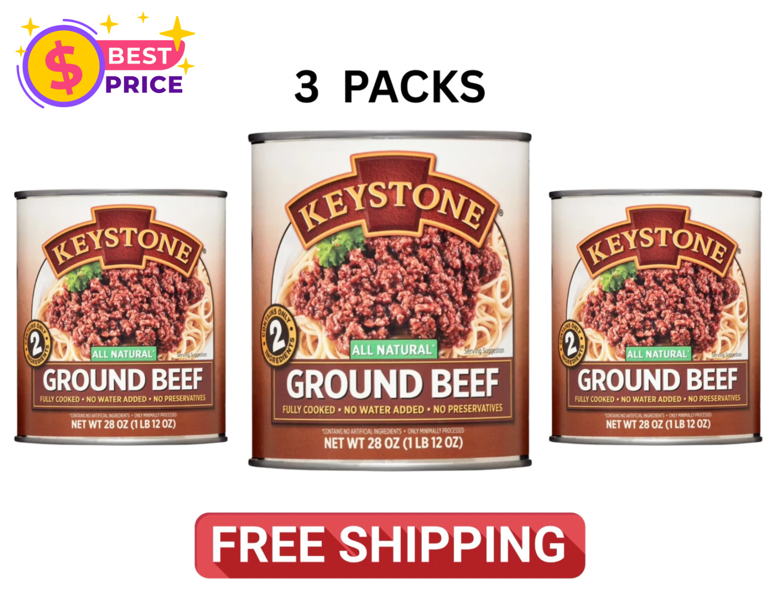 Keystone All Natural Ground Beef, 28 oz Can (3 pack)