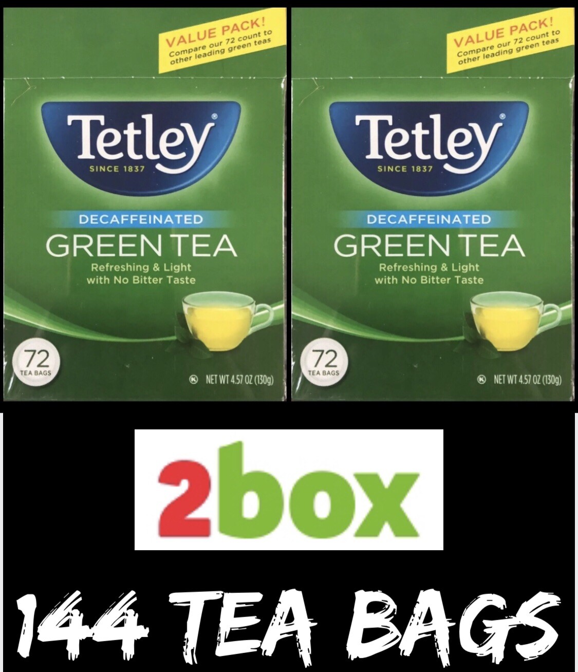 2 Box Tetley Decaffeinated Green Tea 144 Tea Bags NO Bitter Taste NWT 4.57 OZ EA