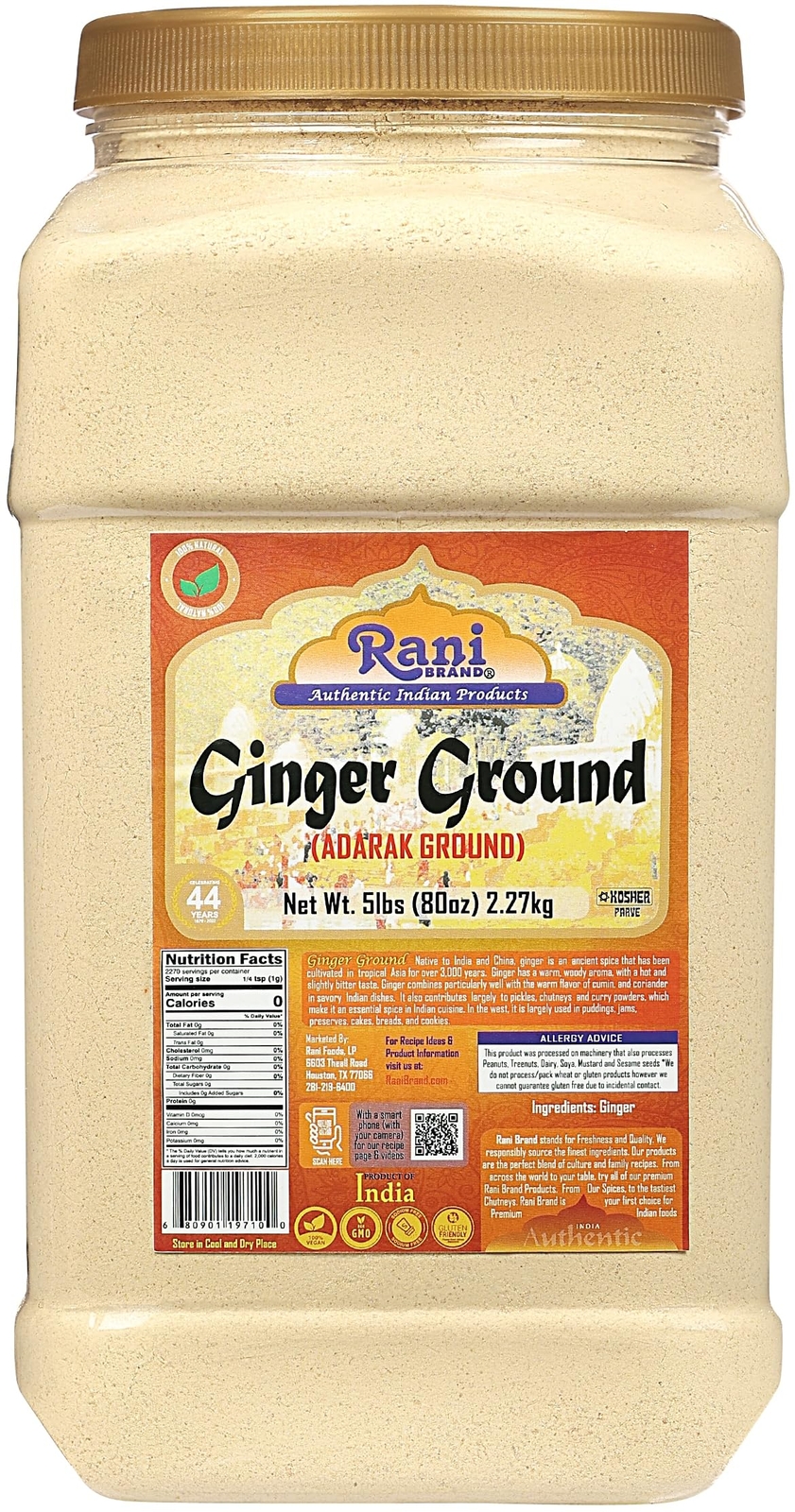 Rani Ginger (Adarak) Powder Ground, Spice 80oz (5lbs) 2.27kg Bulk PET Jar