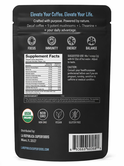 DECAF Organic ELITE Mushroom Coffee | Best | L-theanine | Kosher | La Republica