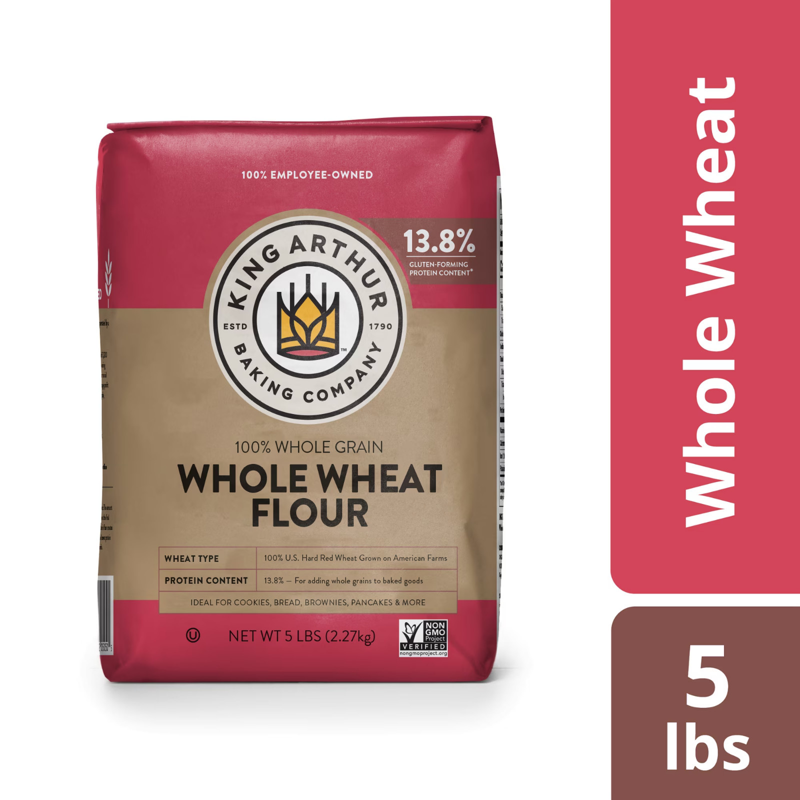 King Arthur 100% Whole Wheat Flour Non-GMO Kosher Baking Flour 5 lb Bag