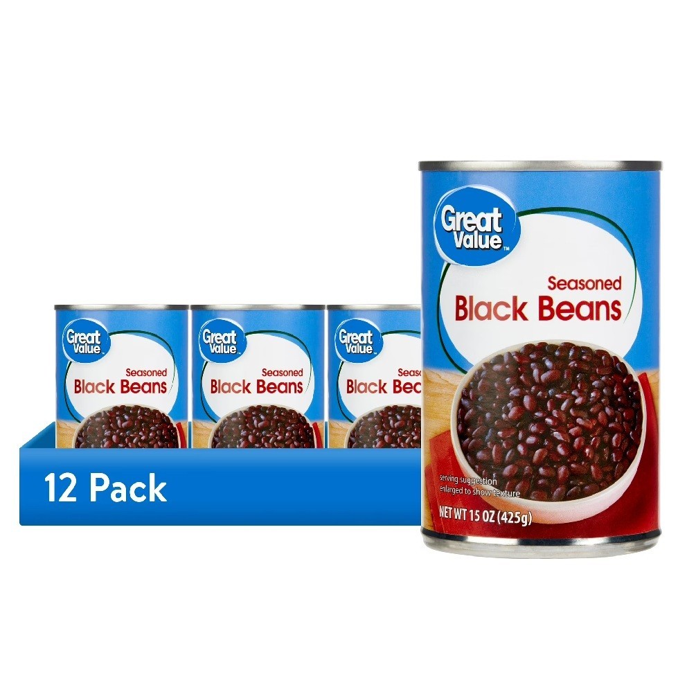 12 pack, Great Value Seasoned Black Beans, 15 oz Can.