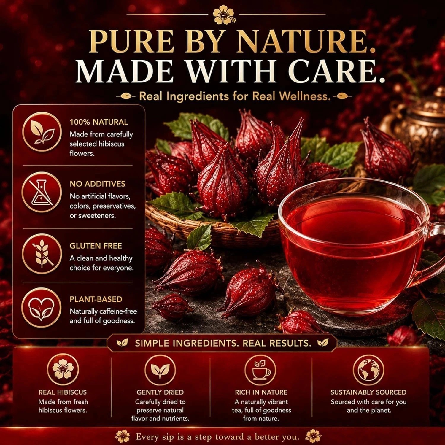 Premium 80 Hibiscus Flowers Tea Bags, 100% Natural, Handmade & Pure from Hibi
