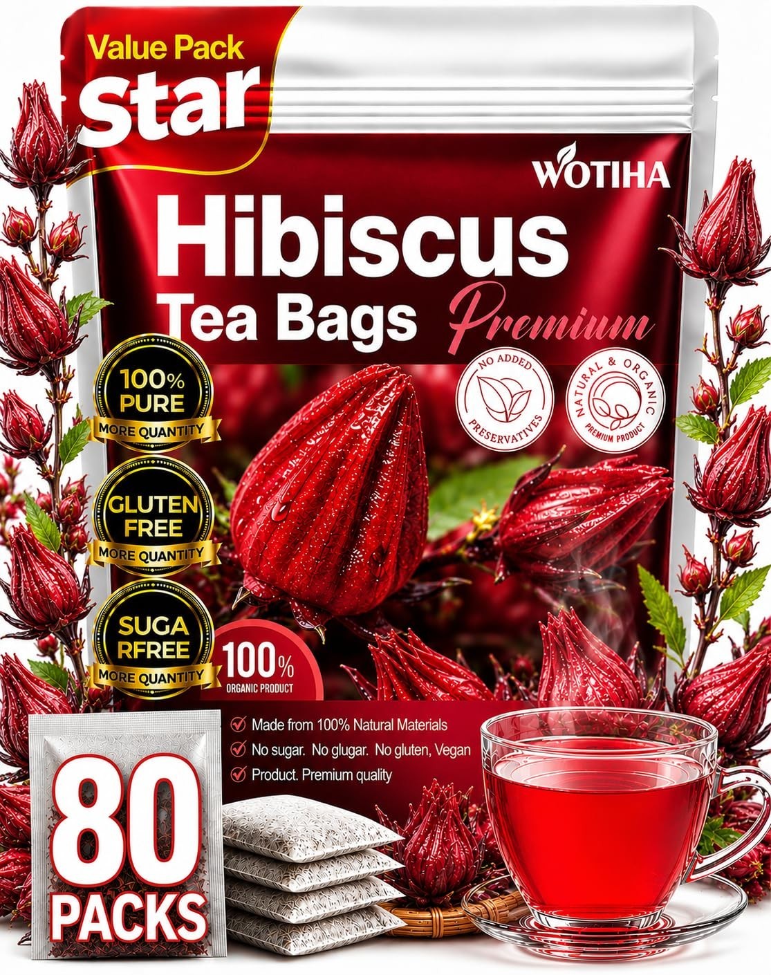 Premium 80 Hibiscus Flowers Tea Bags, 100% Natural, Handmade & Pure from Hibi